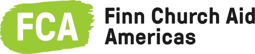 The Finn Church Aid logo. An abstract shape with the letters, "FCA".